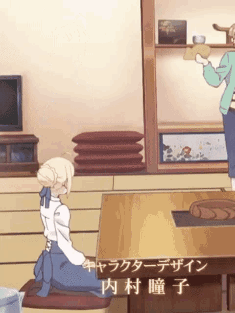 a cartoon of a woman kneeling down in front of a table with asian writing on it