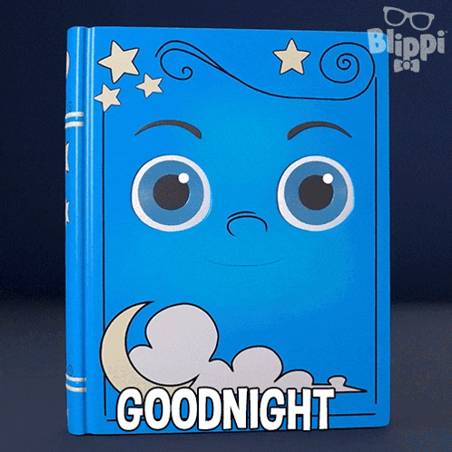 a blue book says goodnight with a face on it