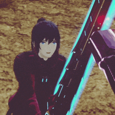 a girl with blue eyes is holding a sword in her hand