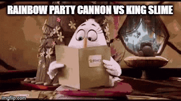 a cartoon egg is reading a book titled rainbow party cannon vs king slime