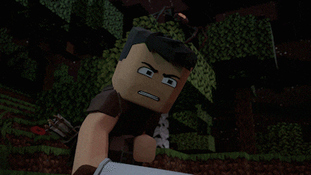 a cartoon character holding a sword in a dark forest