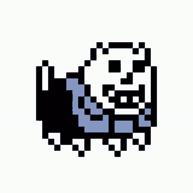 a pixel art drawing of a cat with a blue jacket and a skull on it .
