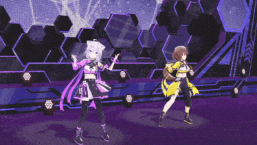two anime girls are dancing on a stage with a purple and purple background