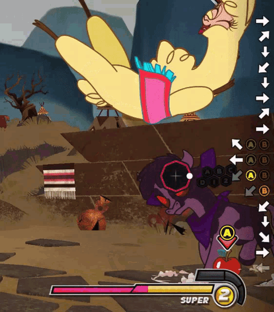 a video game screen shows a cartoon character with a super bar