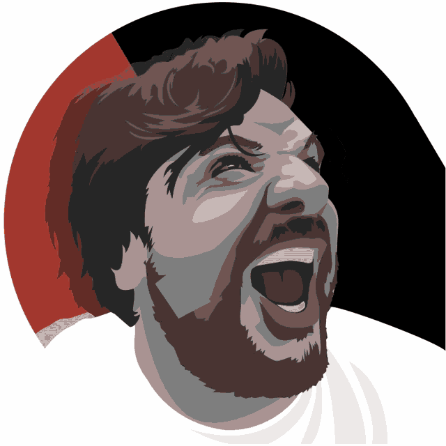 a black and white drawing of a man with his mouth wide open
