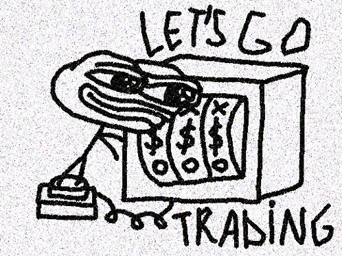 a black and white drawing of a frog talking on a phone with the words `` let 's go trading ''