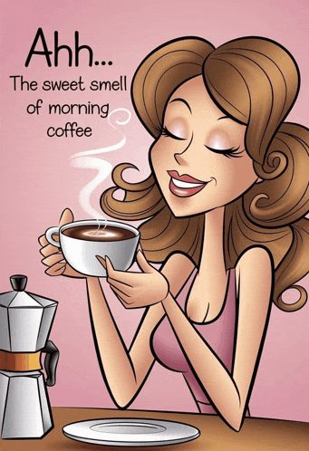 a cartoon of a woman drinking a cup of coffee