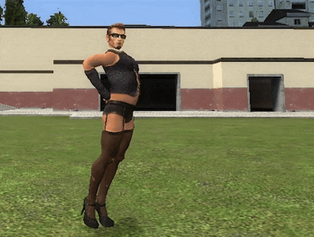 a man wearing high heels and stockings stands in a grassy field in front of a building