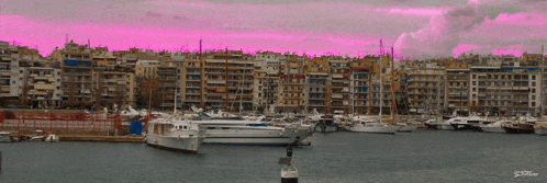 a painting of a harbor with a pink sky and the name s.t.fisher on the bottom left