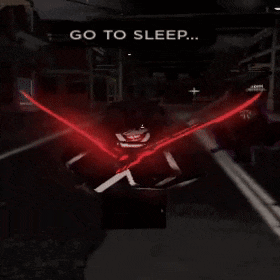a video game character with red wings and the words go to sleep below him