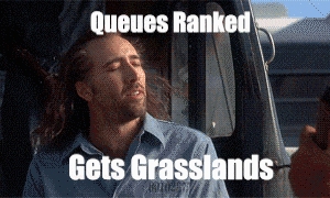 a man sitting in a car with the words queues ranked gets grasslands on the screen
