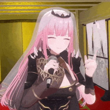 a pink haired anime girl is holding a microphone