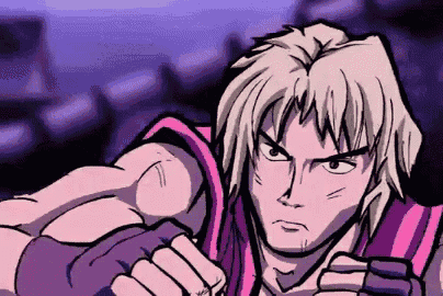 a cartoon of a man in a pink and purple outfit is fighting .