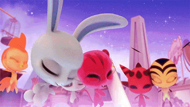 a group of cartoon characters are standing next to each other and sleeping in front of a building .