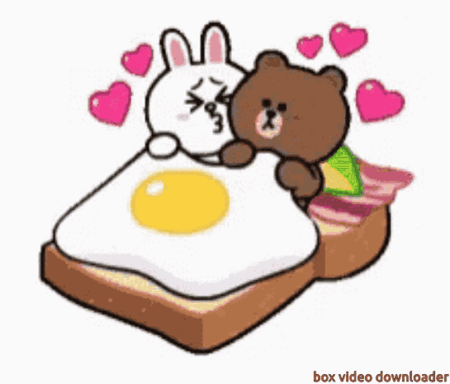 a brown bear and a white rabbit are kissing on a slice of toast