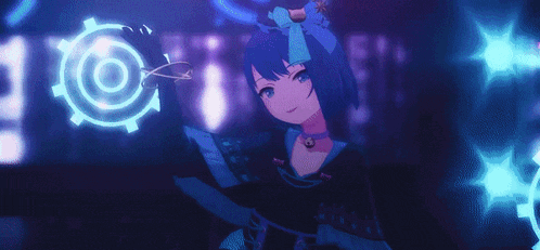 a girl in a blue dress is holding a violin in front of a target in the dark .