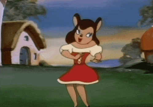 a cartoon character in a red and white dress is standing in a field