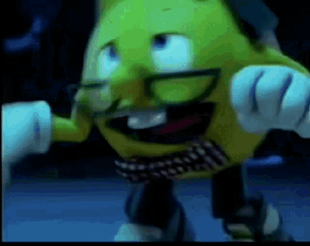 a close up of a cartoon character with glasses and a mustache