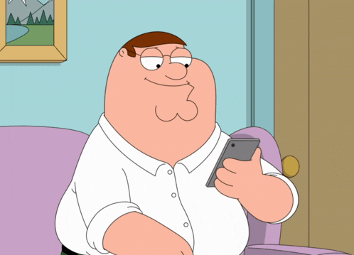 a cartoon of peter griffin holding a cell phone with the words oh no accidental heart below him