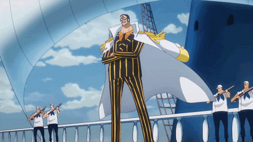 a man in a yellow and white suit is standing on a balcony