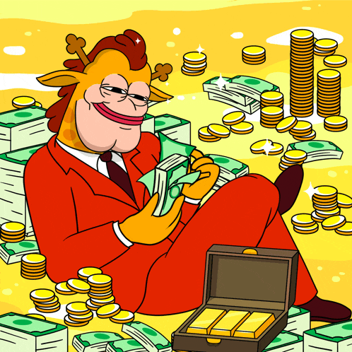 a cartoon of a giraffe in a suit laying on a pile of money