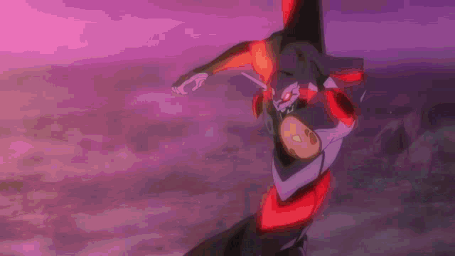 a purple and red robot is holding a sword in a circle