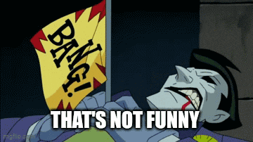 a cartoon of the joker holding a sign that says " bang "