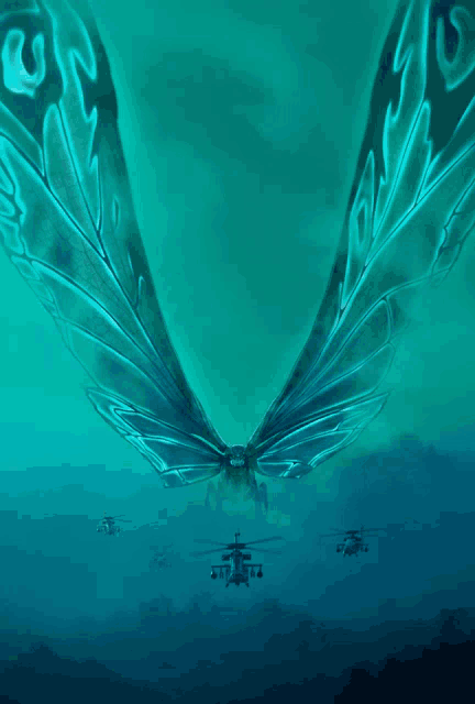 a group of helicopters are flying in a dark blue sky with a butterfly in the background