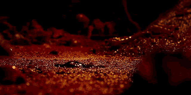 a close up of a red and gold surface with a black background