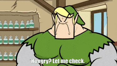 a cartoon character says " hungry let me check " in front of a shelf full of bottles