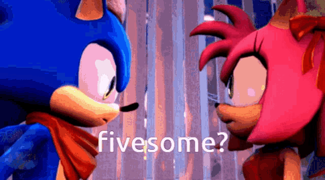 sonic the hedgehog and amy the hedgehog are looking at each other with the words fivesome in the background