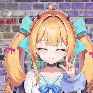 a girl with horns on her head is smiling and giving the peace sign
