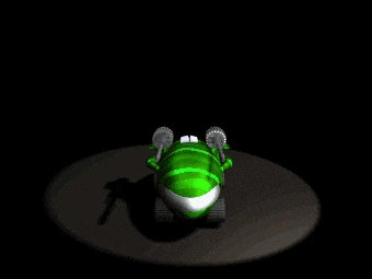 a green and white toy car with guns on the back