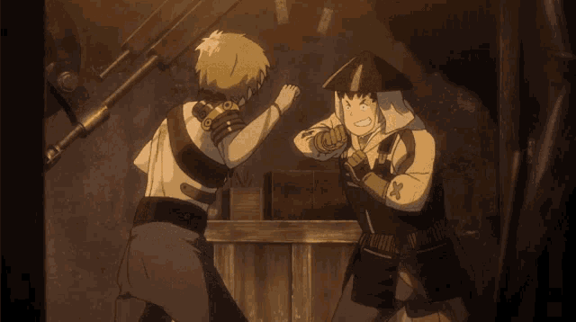 two anime characters are standing next to each other and one is wearing a hat