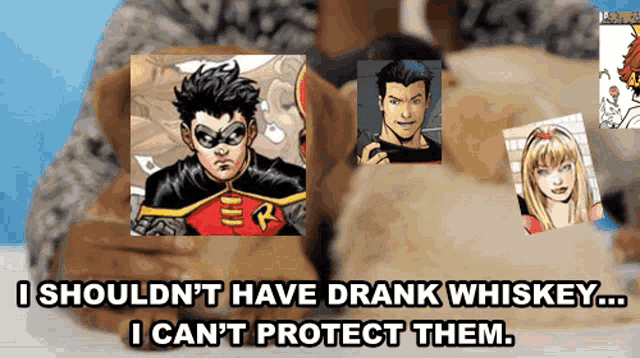 a picture of robin with the caption " i should n't have drank whiskey i can n't protect them "