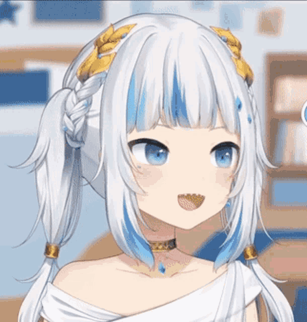a girl with white hair and blue ears is wearing a choker