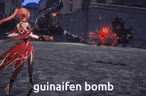 a video game character is standing in front of a large explosion with the words guinaiofen bomb written below her