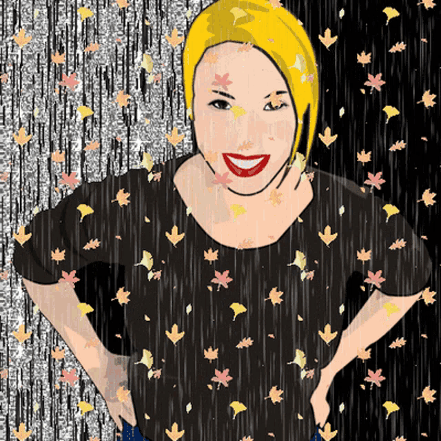 a woman in a black shirt is smiling in the rain with leaves falling around her