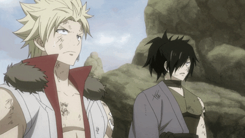 two anime characters are standing next to each other and one of them has a tattoo on his arm