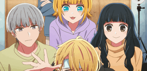 a group of anime characters pose for a picture