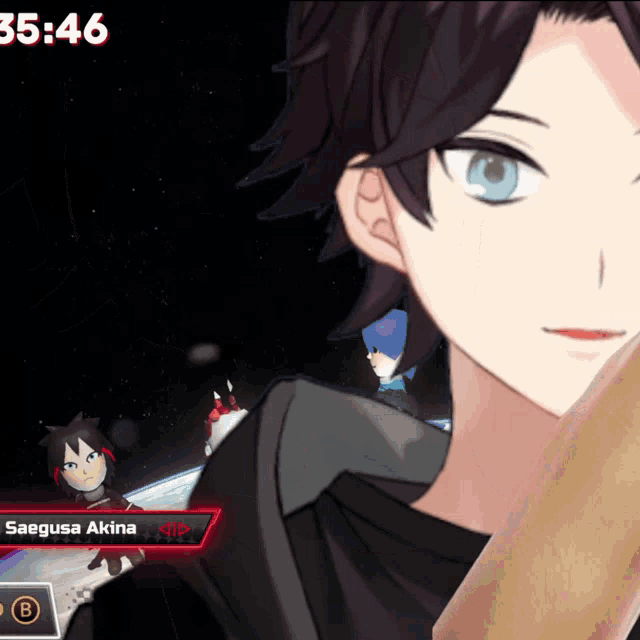 a video game screen shows a character named saegusa akina