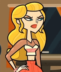 a cartoon woman with blonde hair and blue eyes is standing in front of a chalkboard .