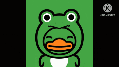 a green frog with an orange beak is on a green background with the words kinemaster at the bottom