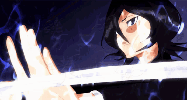a girl with black hair is holding a sword in her right hand
