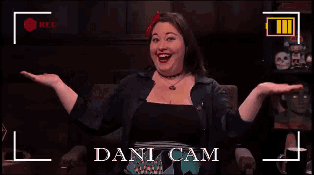 a woman sitting in front of a camera that says dani cam on it