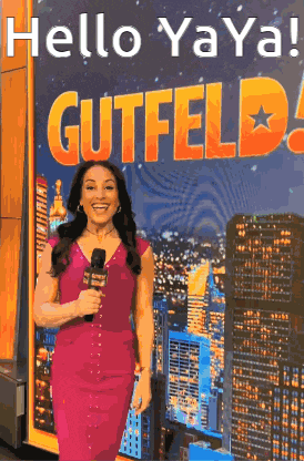 a woman is standing in front of a sign that says gutfeld