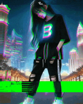 a girl with the letter b on her shirt is standing in front of a city
