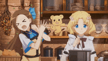 two anime girls are standing next to each other with a teddy bear behind them