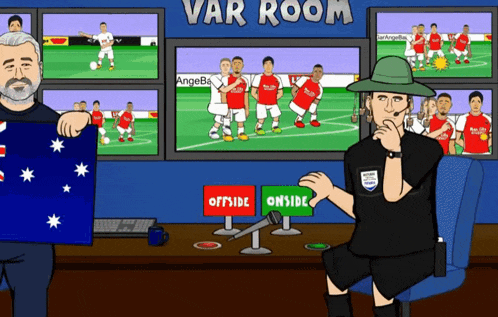 a cartoon of a man holding an australian flag and a referee in a var room