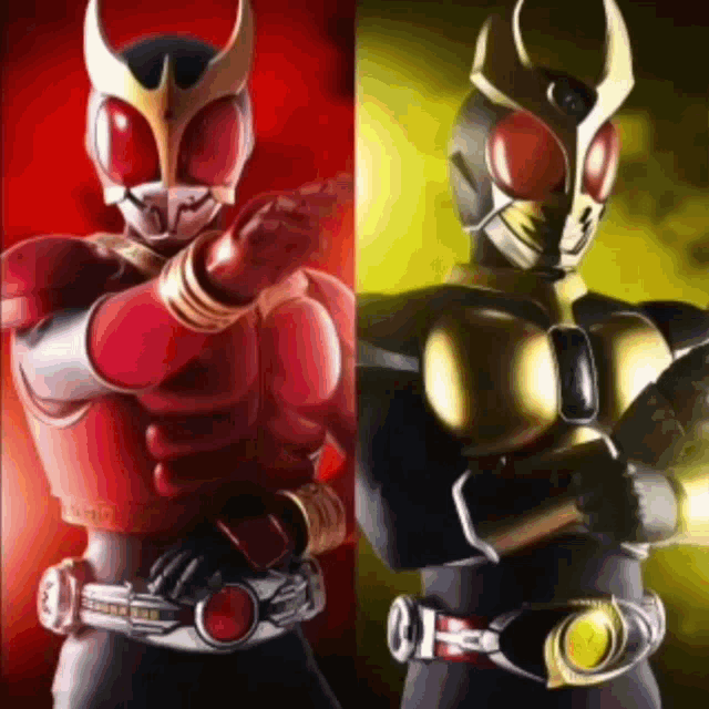 two kamen riders are standing next to each other in a red and yellow costume .